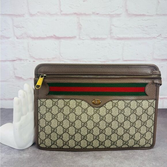 Rare Gucci Ophidia Web Khaki Clutch Bag - Picture 1 of 15
